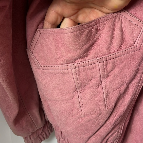 Maggie Lawrence pink leather zip/snap close fox fur trim bomber jacket Sz M PINK - Picture 13 of 13